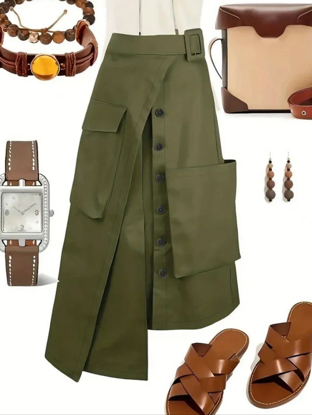 Olive Green Utility Midi Skirt with Cargo Pockets - Picture 4 of 5